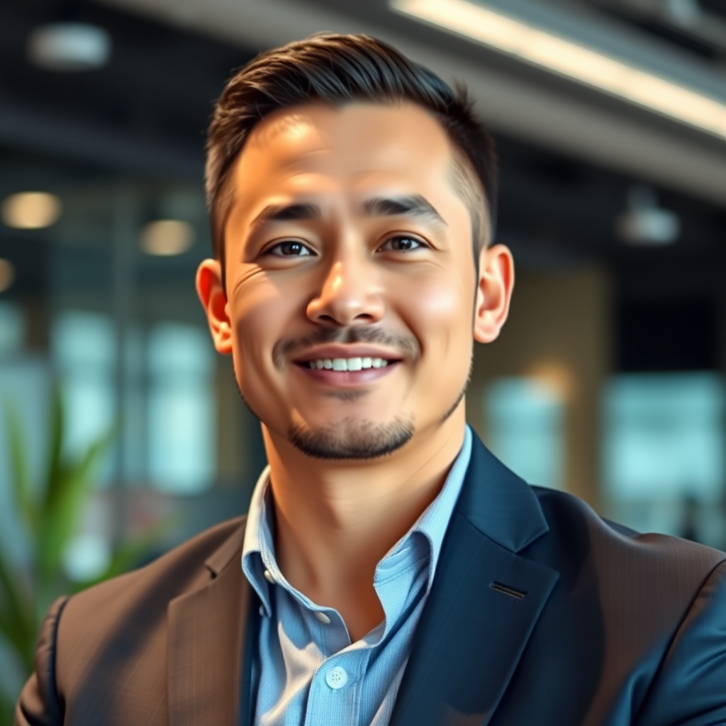 Professional headshot of senior trading team leader in business attire, experienced cryptocurrency market analyst with confident expression, modern office background