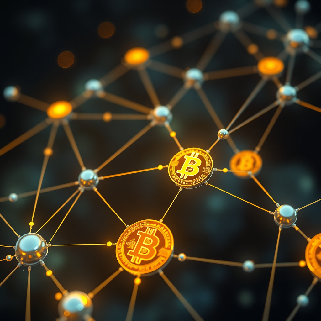 Digital visualization of cryptocurrency blockchain network with interconnected nodes, Bitcoin symbols, and glowing data connections representing the decentralized nature of digital currencies