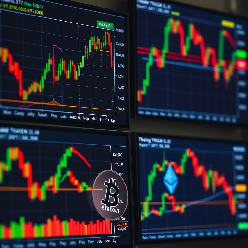Cryptocurrency trading charts displaying candlestick patterns, moving averages, and technical indicators on multiple screens with Bitcoin and Ethereum price movements