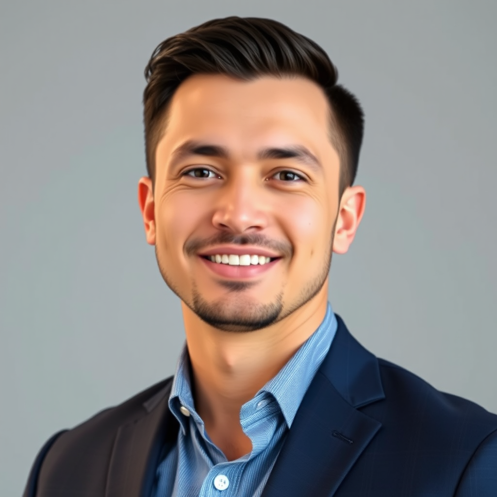 Professional headshot of head trader, a confident cryptocurrency market expert with over 8 years of experience in technical analysis and risk management, wearing business attire against a neutral background