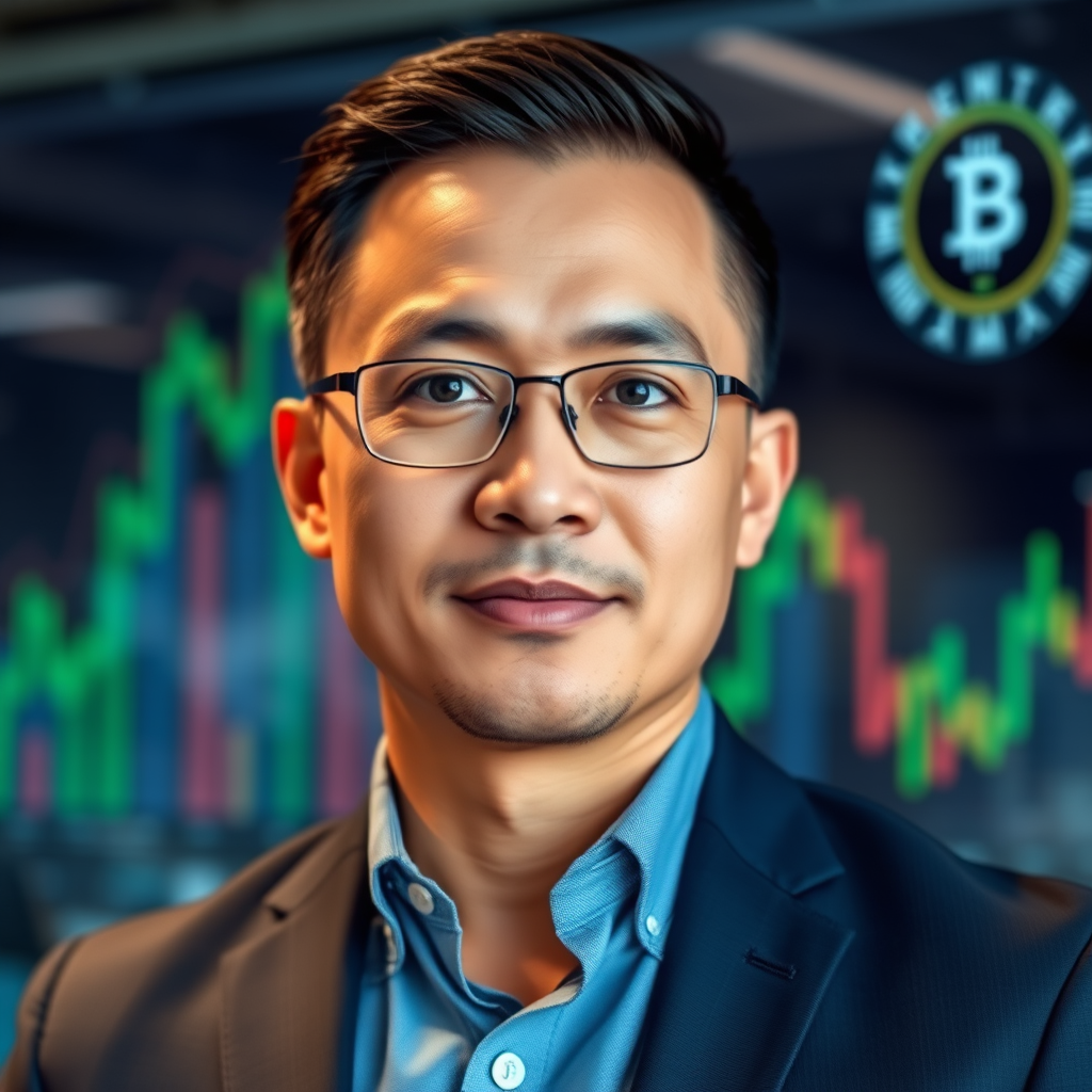 Professional headshot of analytics and research division specialist, quantitative analyst with blockchain expertise, modern technology background with data visualization elements