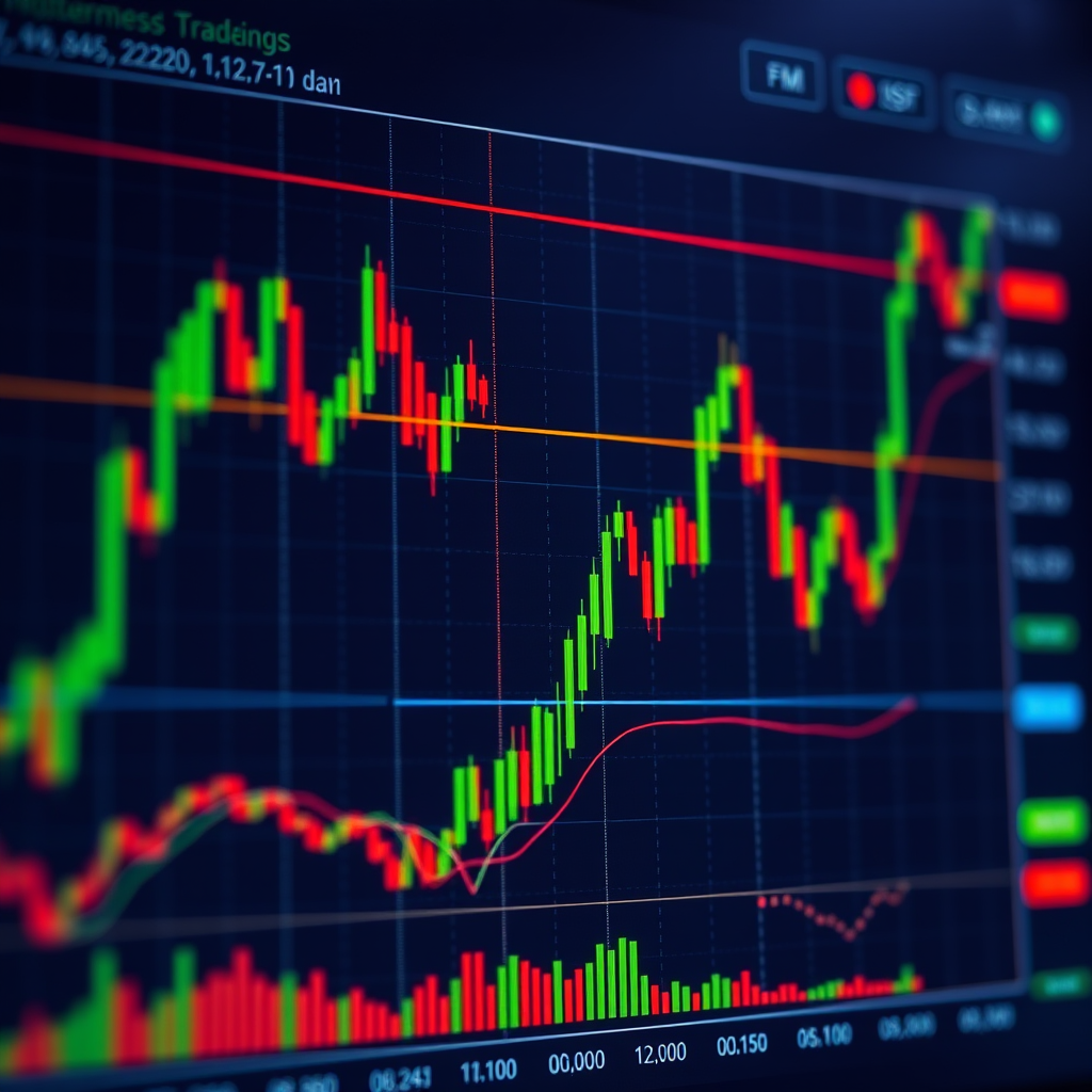 Professional trading interface showing cryptocurrency price charts with candlestick patterns, technical indicators like moving averages and RSI, support and resistance lines, and various analytical tools for crypto market analysis