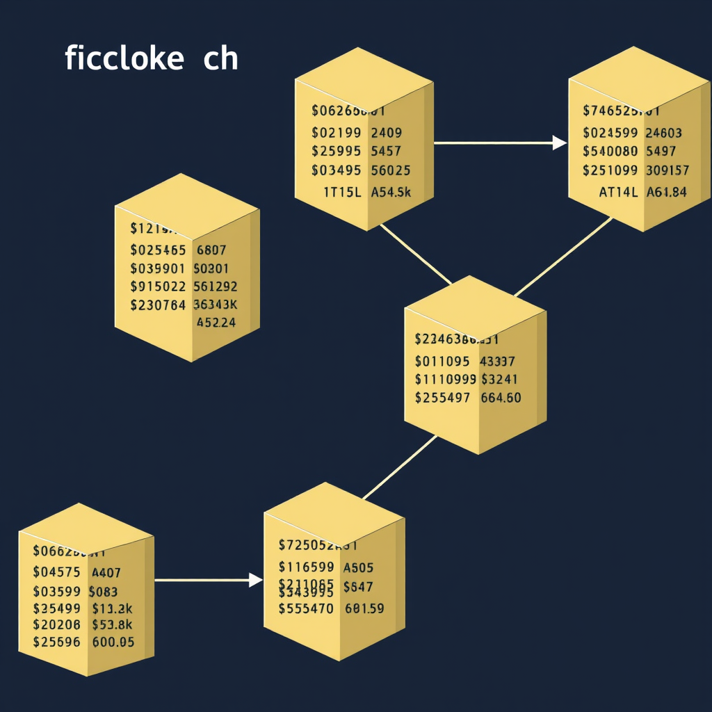 Technical diagram showing blockchain structure with connected blocks, each containing transaction data, timestamps, and cryptographic hashes linking them together