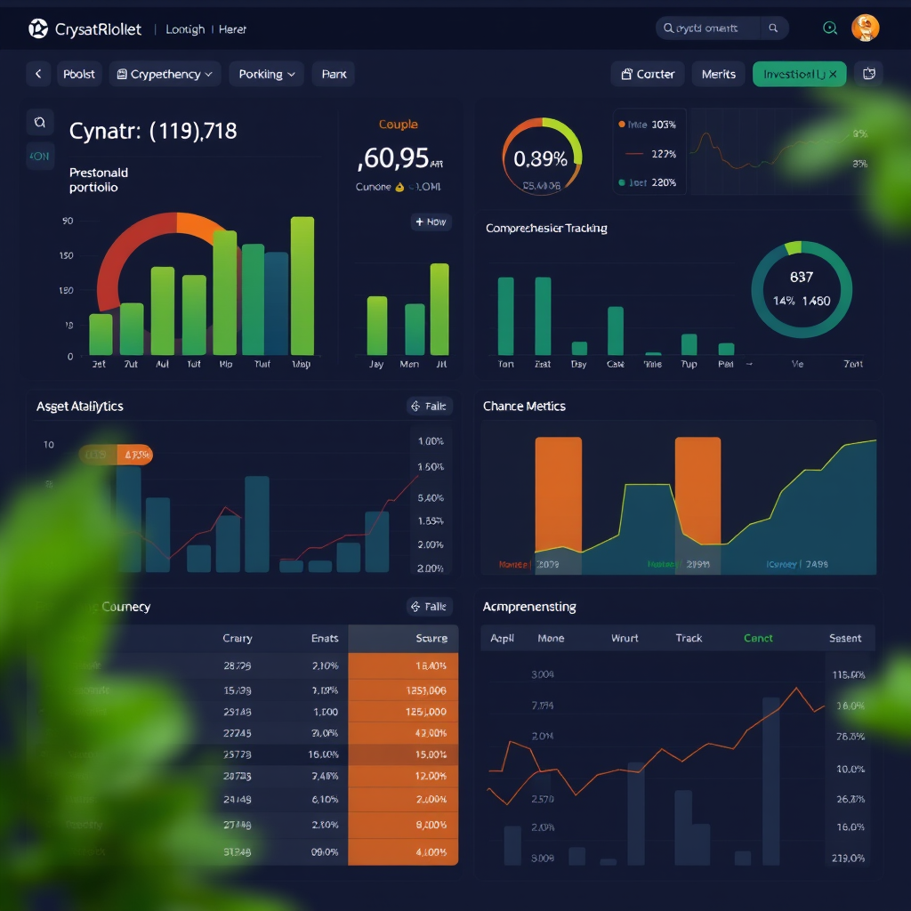 Cryptocurrency portfolio analytics dashboard displaying asset allocation charts, performance metrics, and comprehensive tracking tools for digital investments
