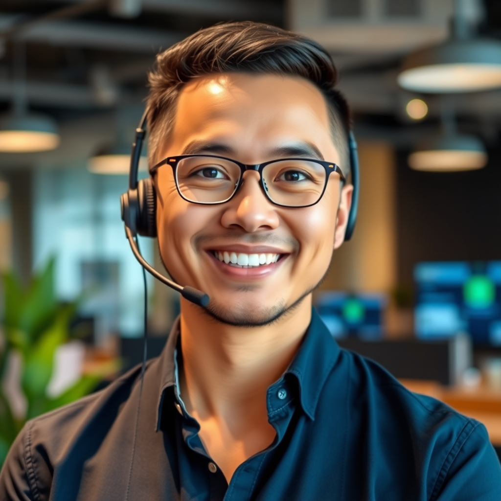 Professional headshot of customer support and operations team member, friendly customer success manager with cryptocurrency education expertise, modern office environment with support technology