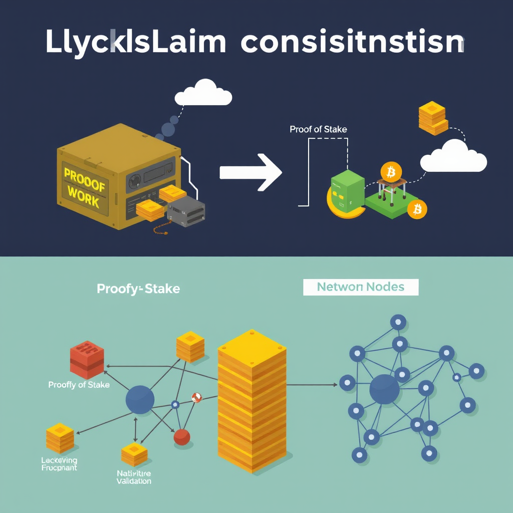 Comparative illustration showing different blockchain consensus mechanisms including Proof of Work mining rigs, Proof of Stake validators, and network nodes participating in consensus