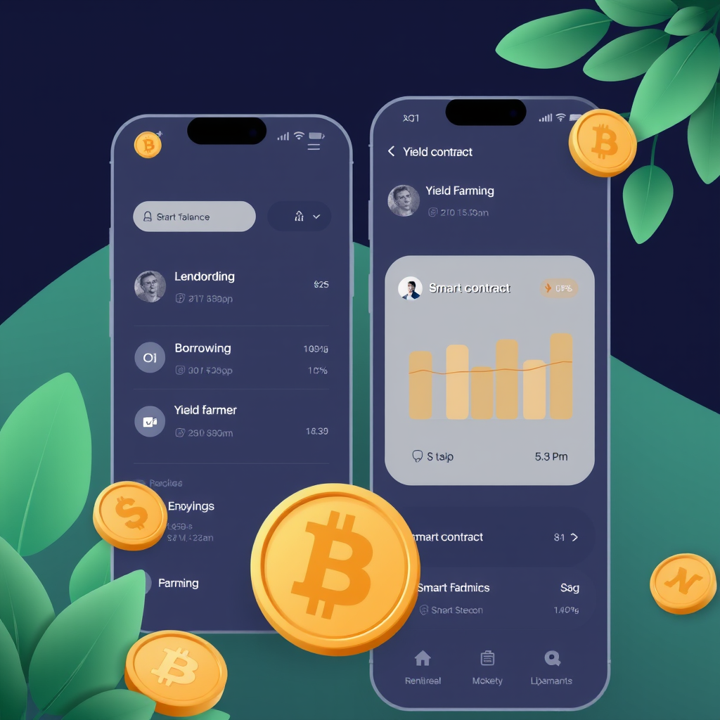 Modern decentralized finance application interface showing lending, borrowing, and yield farming options with cryptocurrency tokens and smart contract interactions