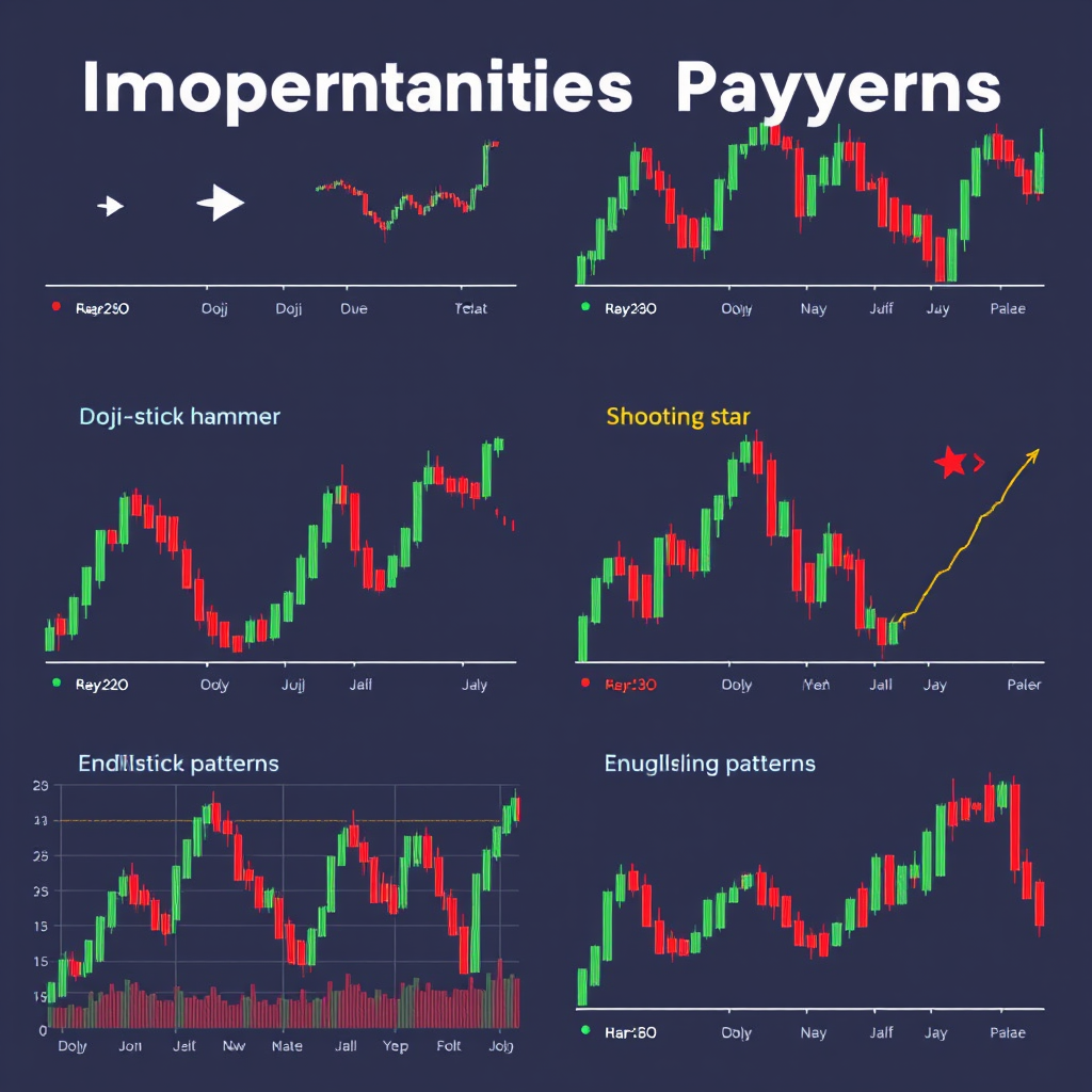 Collection of important candlestick patterns including doji, hammer, shooting star, and engulfing patterns on cryptocurrency price charts