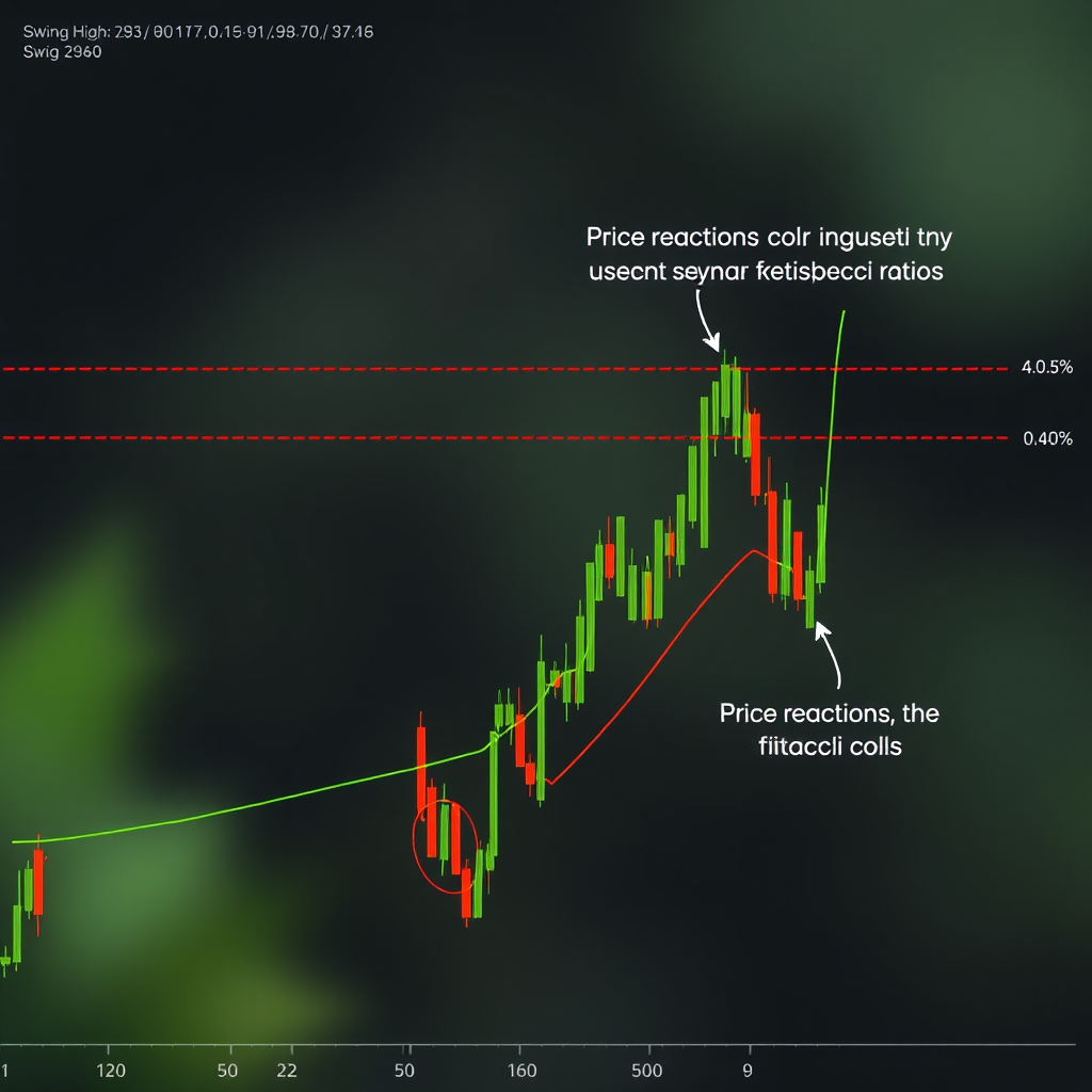 Cryptocurrency price chart with Fibonacci retracement levels drawn from swing high to swing low, showing price reactions at key Fibonacci ratios